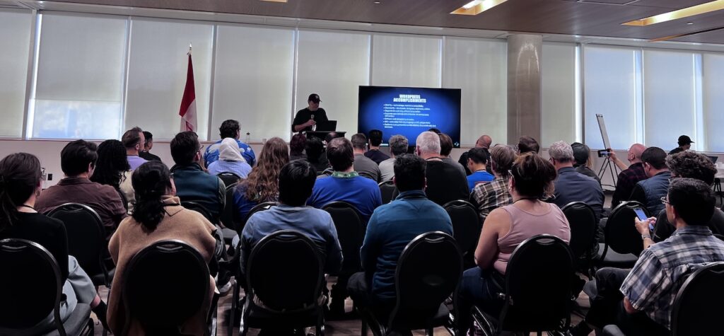 Dave Winer with a packed room to hear him give the first of four keynotes during the event.